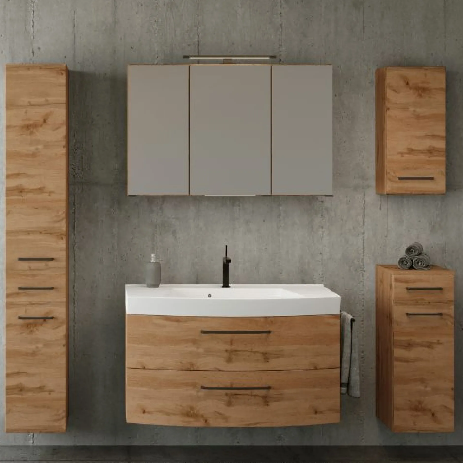 Badezimmerset Manchester | Waschtischschrank, Säulenschrank, Spiegelschrank mit Beleuchtung, Hängeschrank, Beistellschrank | Eiche Wotan