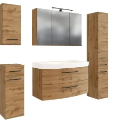 Badezimmerset Manchester | Waschtischschrank, Säulenschrank, Spiegelschrank mit Beleuchtung, Hängeschrank, Beistellschrank | Eiche Wotan