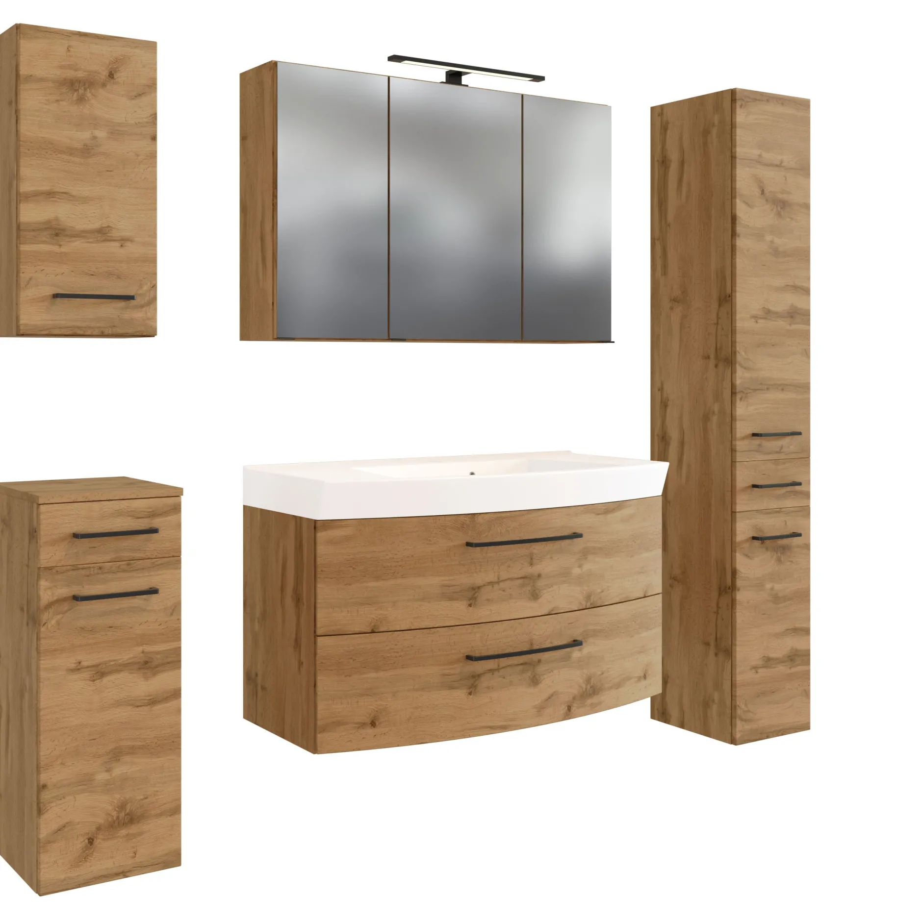 Badezimmerset Manchester | Waschtischschrank, Säulenschrank, Spiegelschrank mit Beleuchtung, Hängeschrank, Beistellschrank | Eiche Wotan