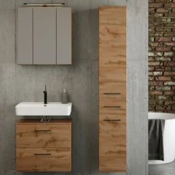 Badezimmerset Manchester | Waschtischschrank, Spiegelschrank, Säulenschrank | Eiche Wotan