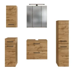 Badezimmerset Manchester | Waschtischschrank, Säulenschrank, Spiegelschrank mit Beleuchtung, Hängeschrank, Beistellschrank | Eiche Wotan
