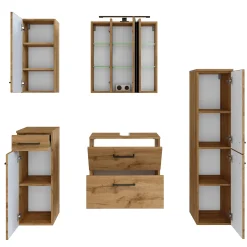 Badezimmerset Manchester | Waschtischschrank, Säulenschrank, Spiegelschrank mit Beleuchtung, Hängeschrank, Beistellschrank | Eiche Wotan