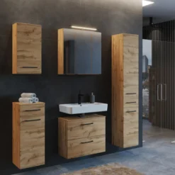 Badezimmerset Manchester | Waschtischschrank, Säulenschrank, Spiegelschrank mit Beleuchtung, Hängeschrank, Beistellschrank | Eiche Wotan