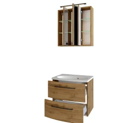 Badezimmerset Manchester | Waschbeckenschrank und Spiegelschrank mit Beleuchtung | Wotan Eiche Design
