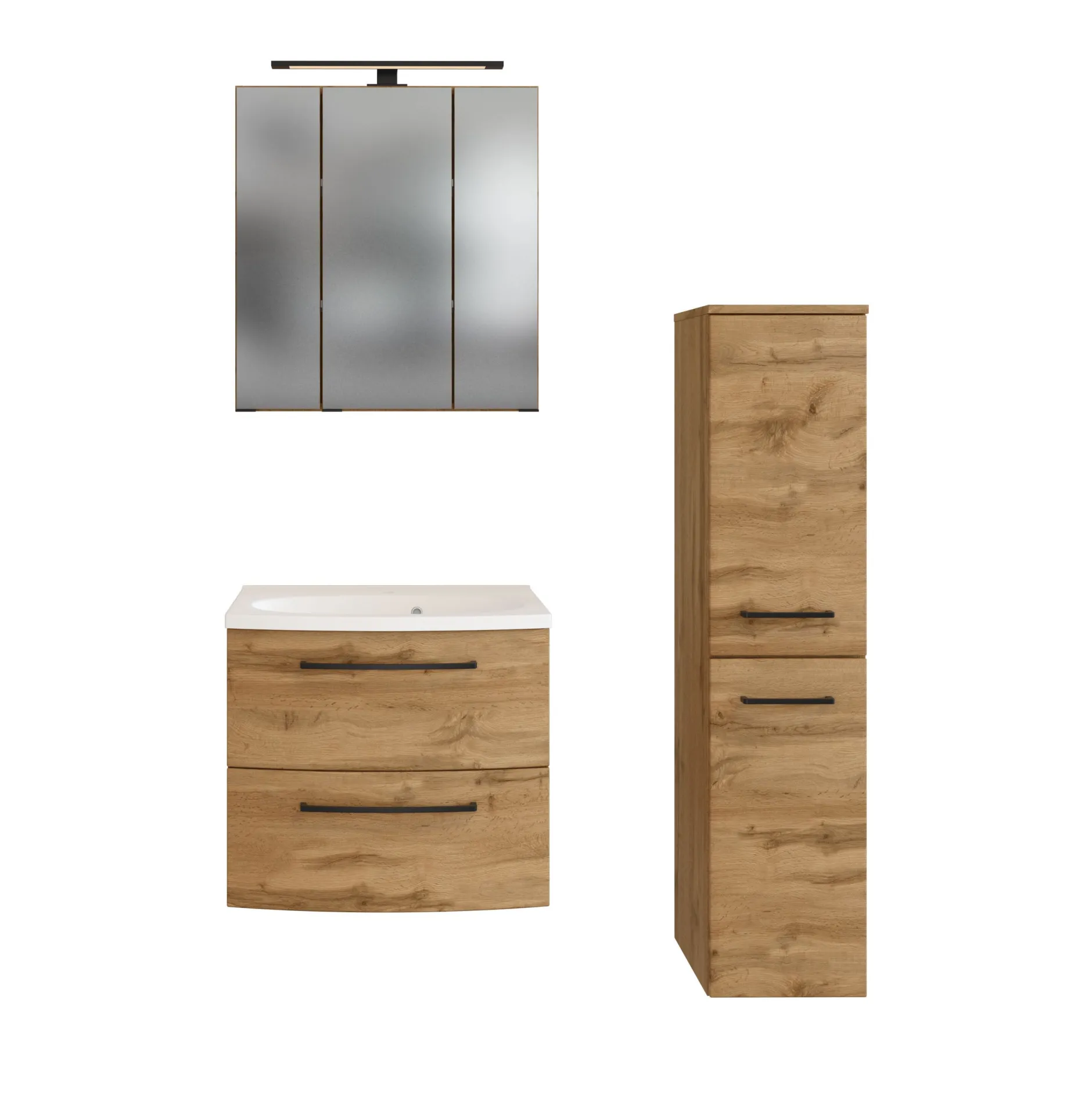 Badezimmerset Manchester | Waschtischschrank, Spiegelschrank, Säulenschrank | Wotan Eiche Design