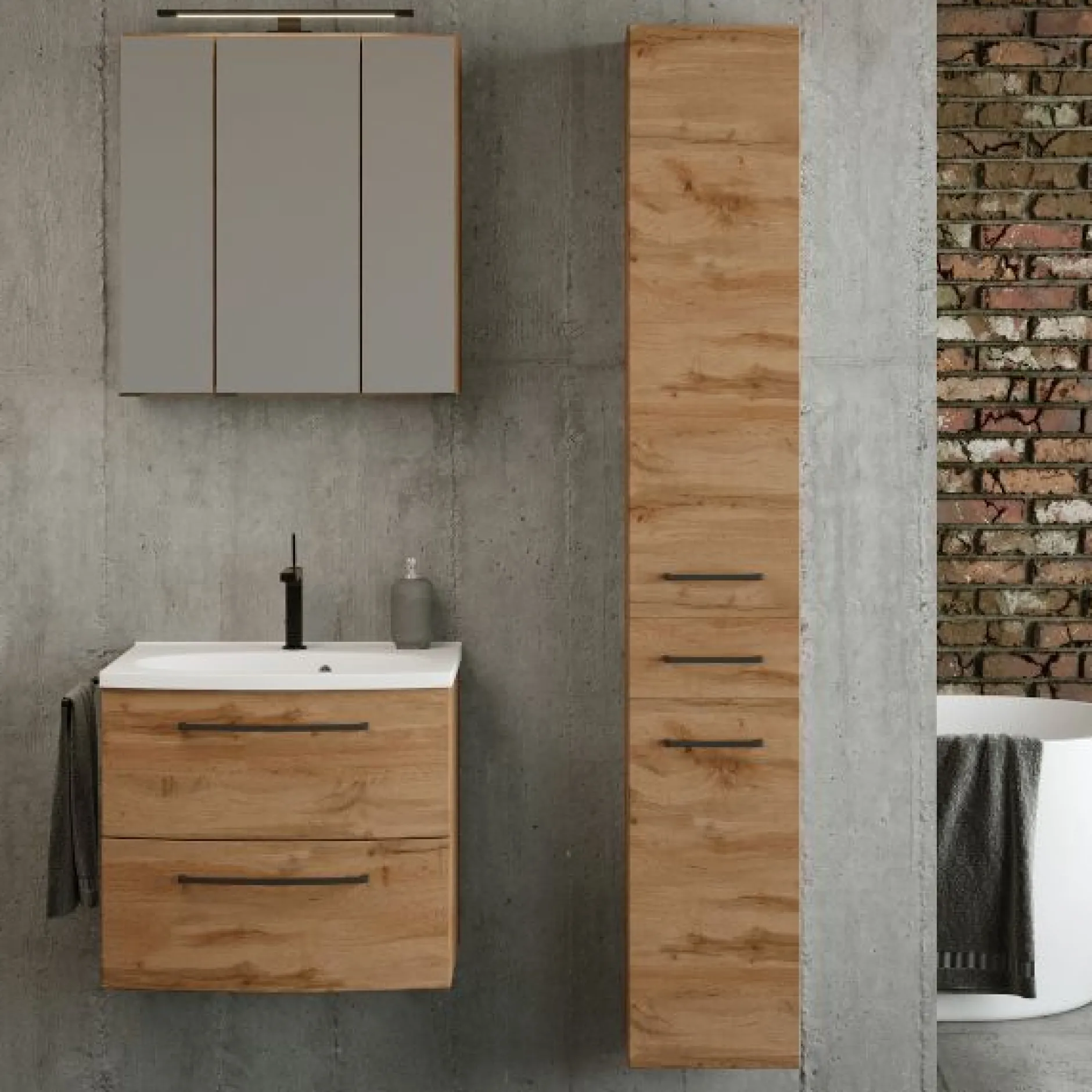 Badezimmerset Manchester | Waschtischschrank, Säulenschrank, Spiegelschrank mit Beleuchtung | Eiche Wotan
