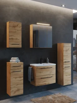 Badezimmerset Manchester | Waschtischschrank, Säulenschrank, Spiegelschrank mit Beleuchtung, Hängeschrank, Beistellschrank | Eiche Wotan