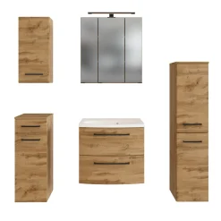 Badezimmerset Manchester | Waschtischschrank, Säulenschrank, Spiegelschrank mit Beleuchtung, Hängeschrank, Beistellschrank | Eiche Wotan