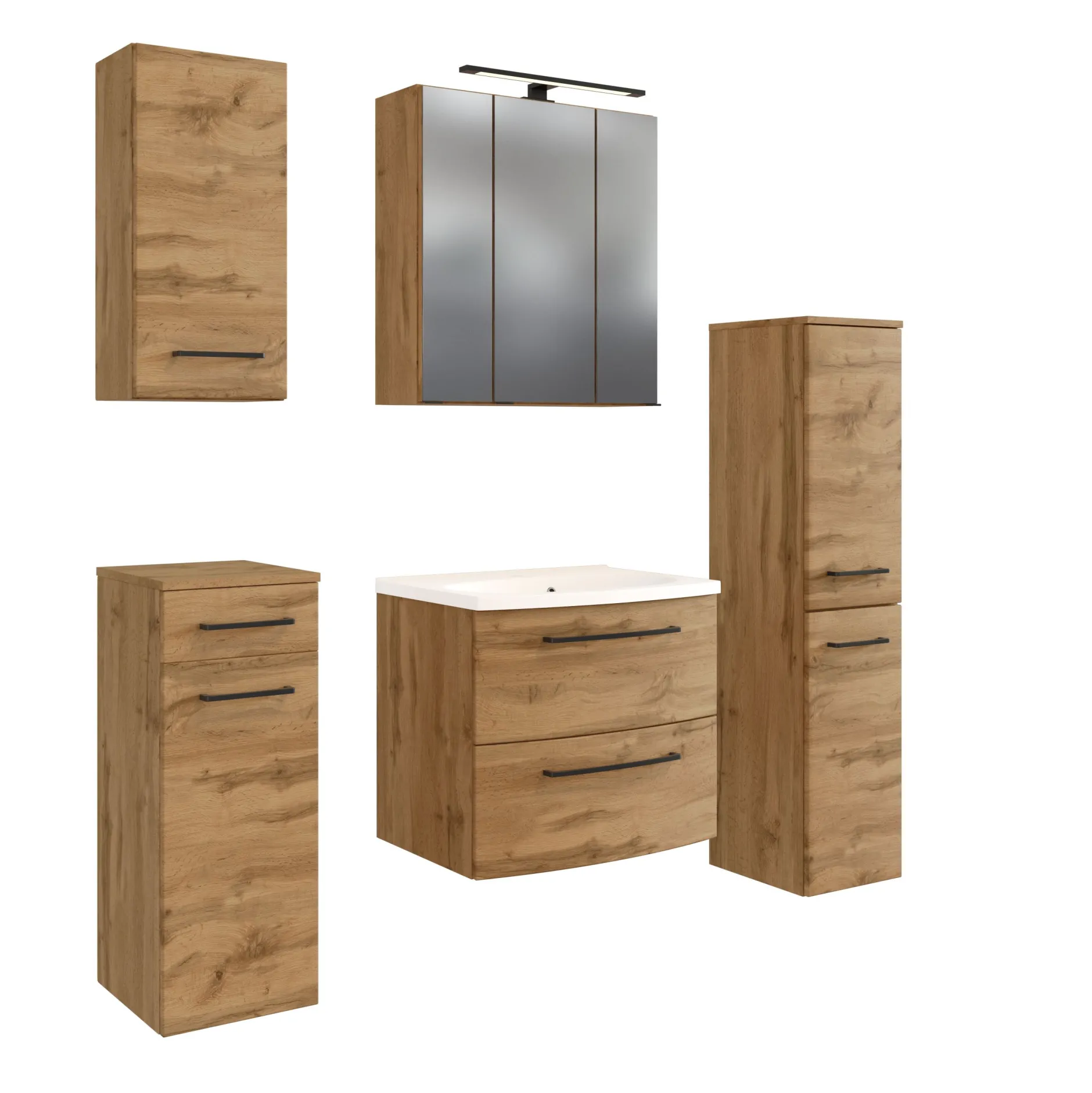 Badezimmerset Manchester | Waschtischschrank, Säulenschrank, Spiegelschrank mit Beleuchtung, Hängeschrank, Beistellschrank | Eiche Wotan