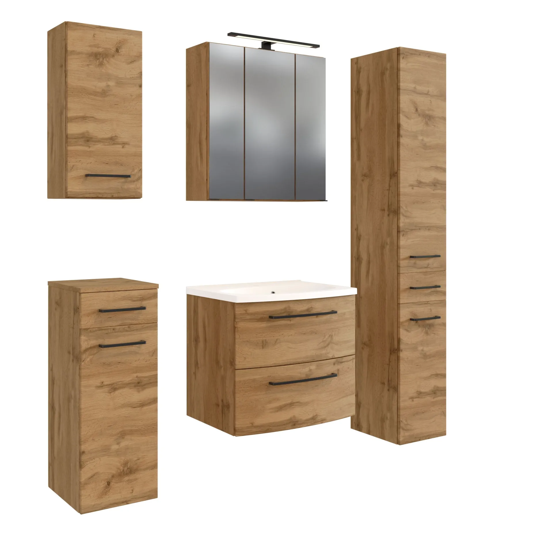 Badezimmerset Manchester | Waschtischschrank, Säulenschrank, Spiegelschrank mit Beleuchtung, Hängeschrank, Beistellschrank | Eiche Wotan