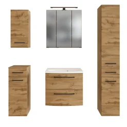 Badezimmerset Manchester | Waschtischschrank, Säulenschrank, Spiegelschrank mit Beleuchtung, Hängeschrank, Beistellschrank | Eiche Wotan
