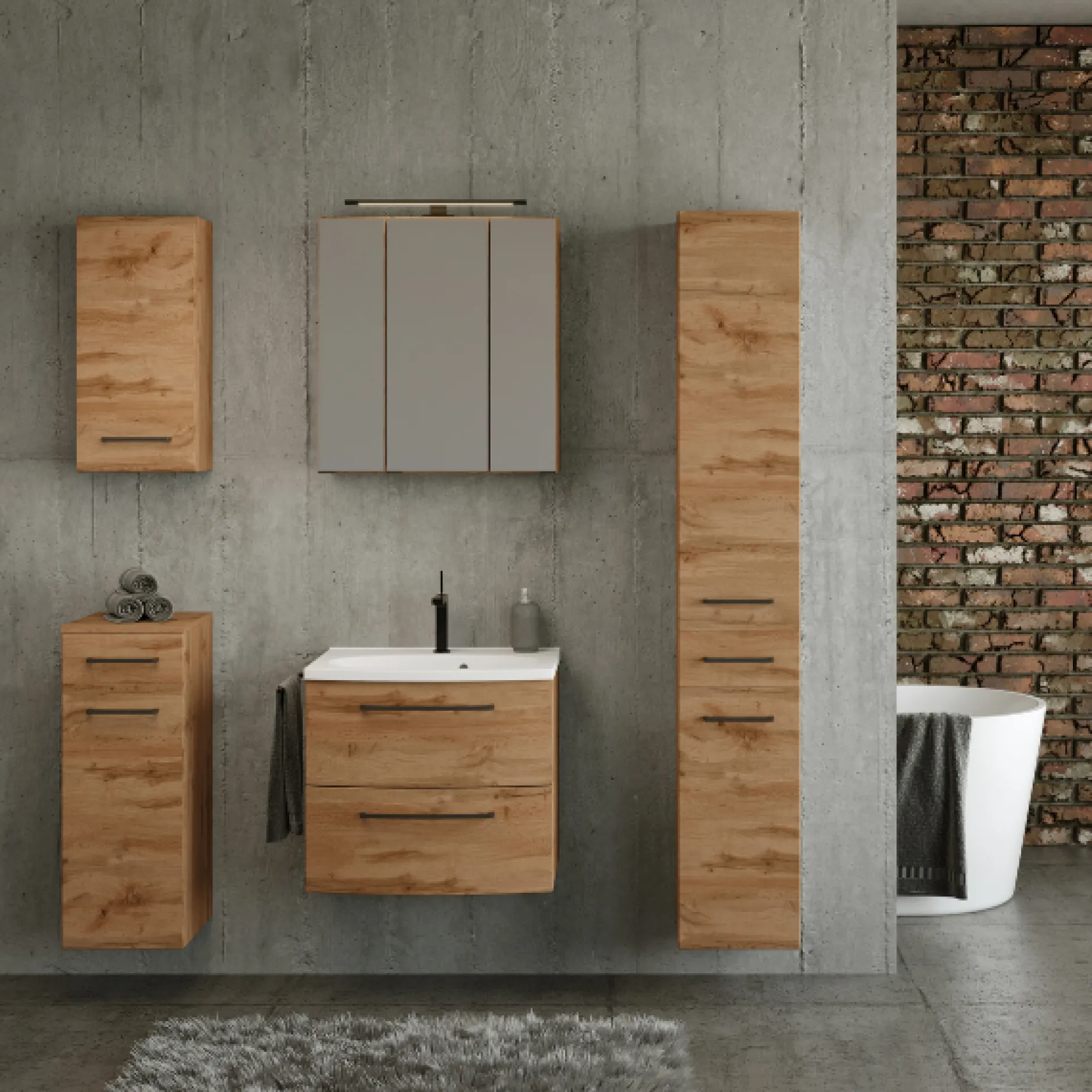 Badezimmerset Manchester | Waschtischschrank, Säulenschrank, Spiegelschrank mit Beleuchtung, Hängeschrank, Beistellschrank | Eiche Wotan