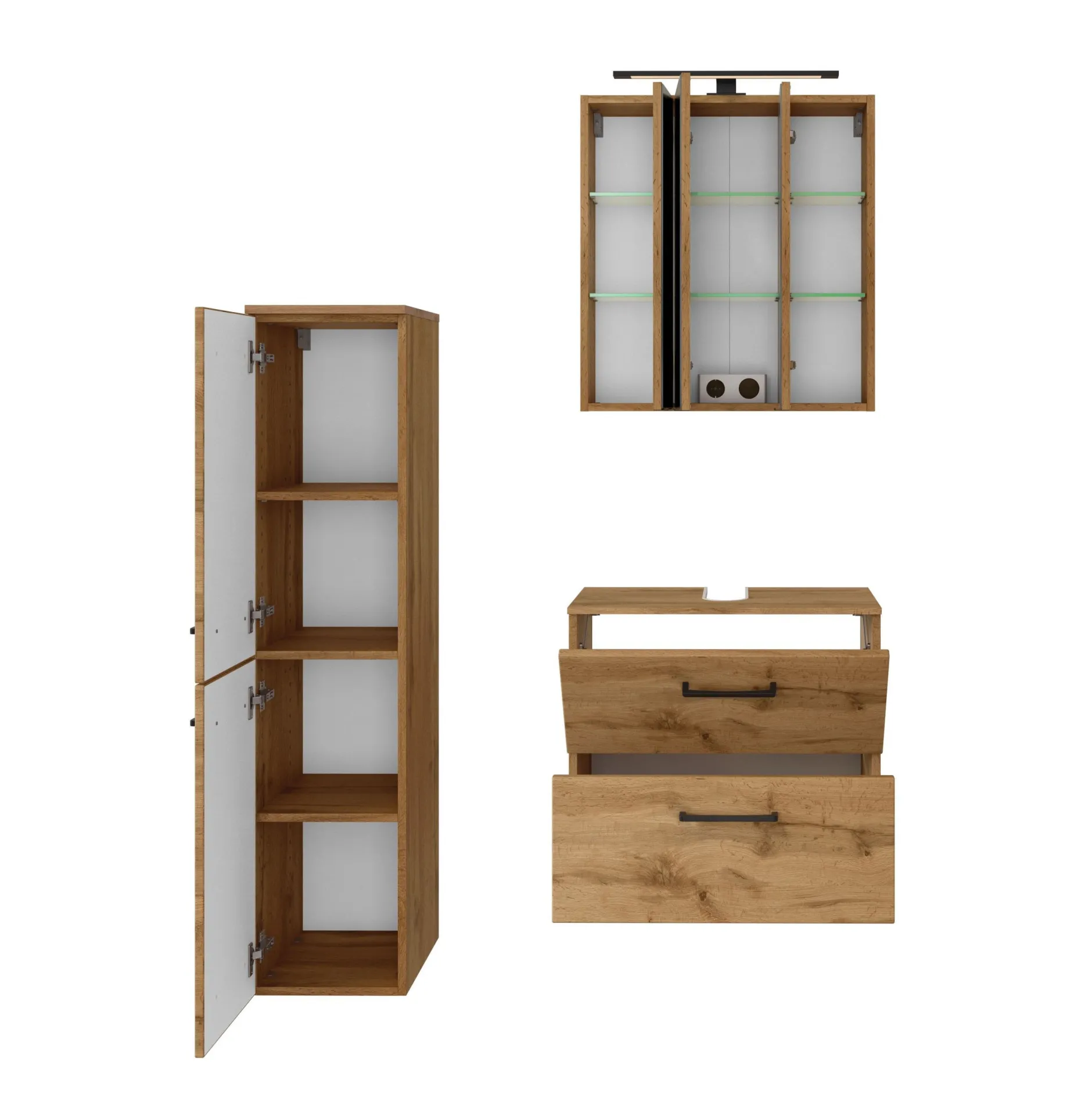 Badezimmerset Manchester | Waschtischschrank, Spiegelschrank, Säulenschrank | Wotan Eiche Design