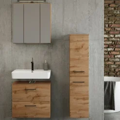 Badezimmerset Manchester | Waschtischschrank, Spiegelschrank, Säulenschrank | Wotan Eiche Design