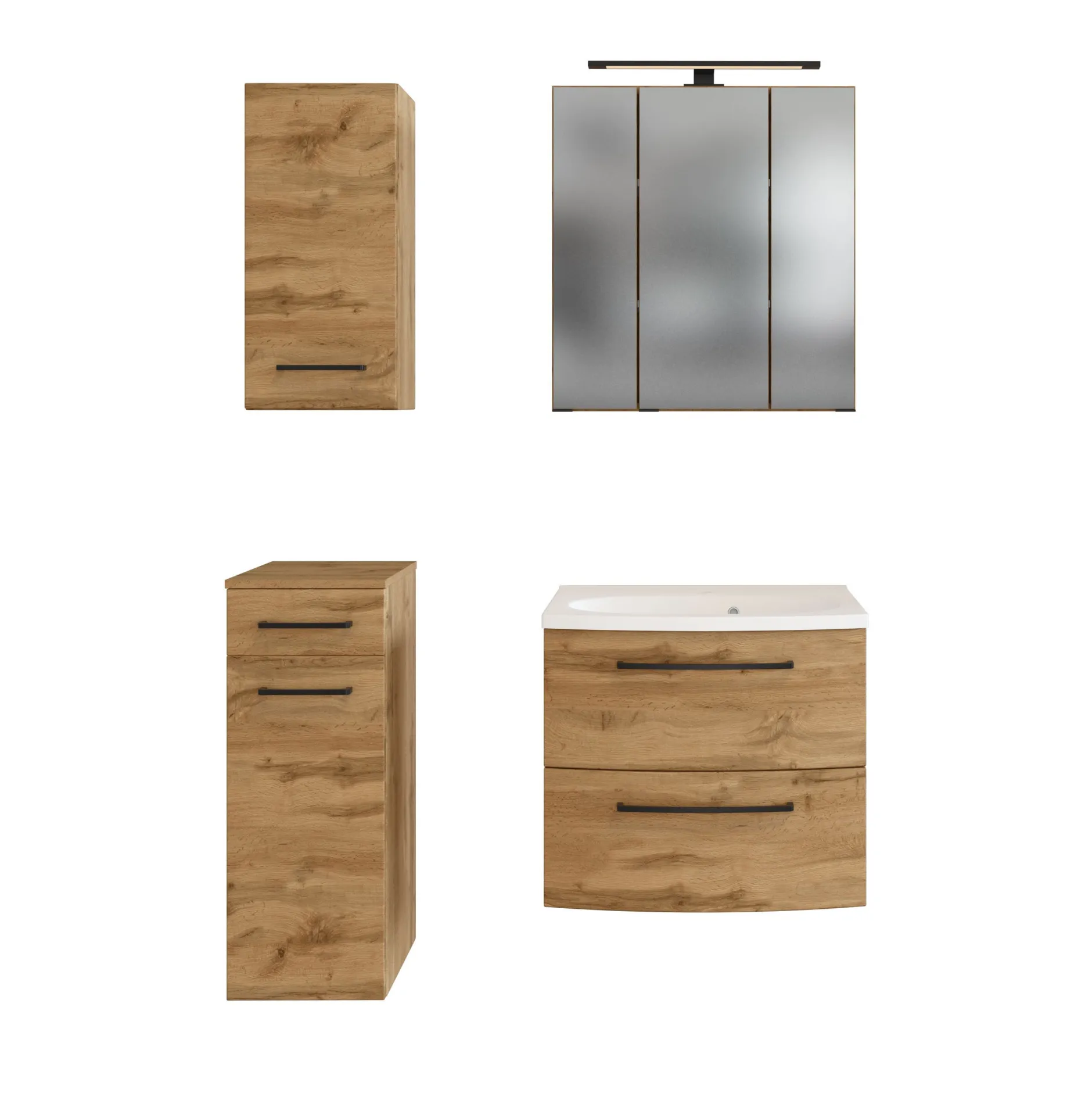 Badezimmerset Manchester | Waschtischschrank, Spiegelschrank, Hängeschrank, Beistellschrank | Wotan Oak Design