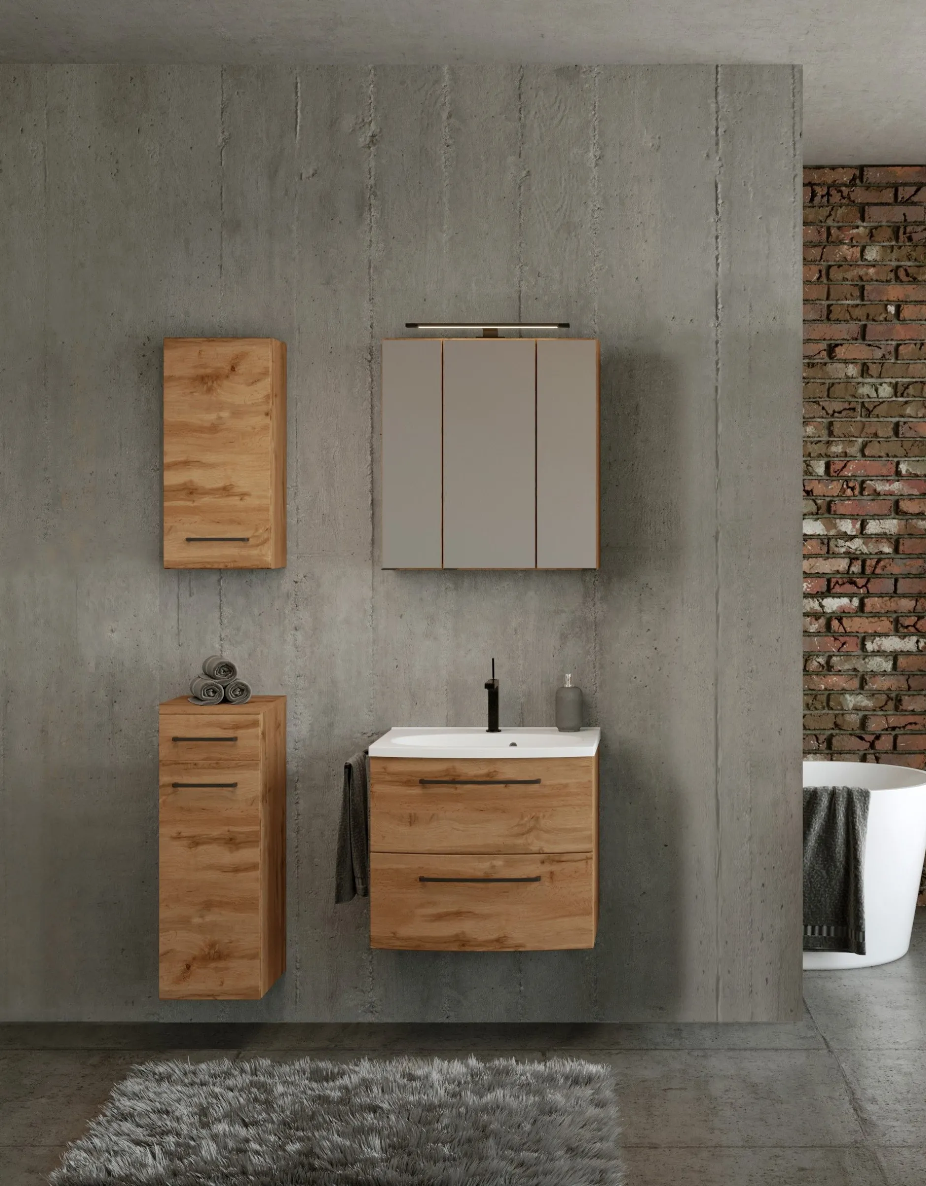 Badezimmerset Manchester | Waschtischschrank, Spiegelschrank, Hängeschrank, Beistellschrank | Wotan Oak Design