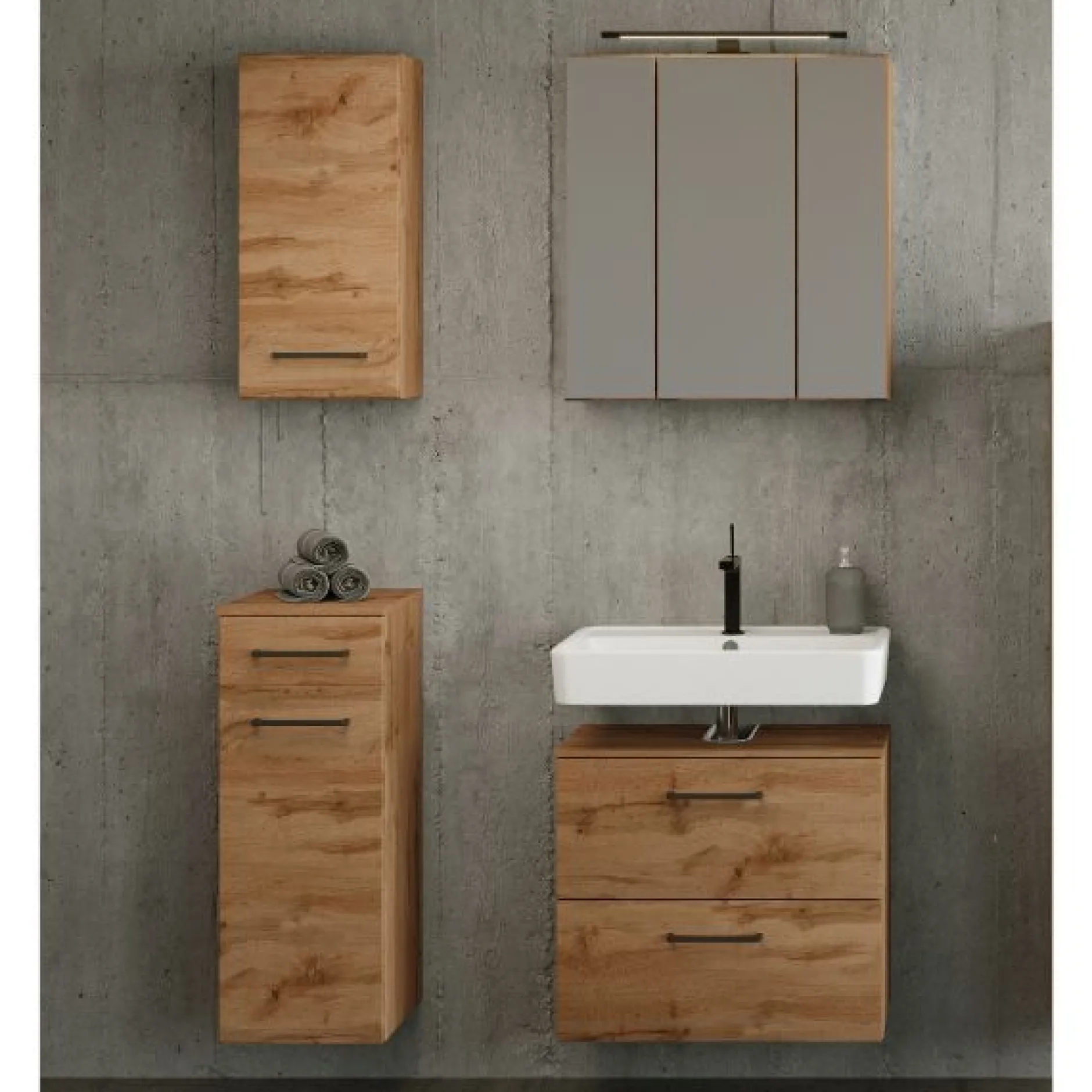 Badezimmerset Manchester | Waschtischschrank, Spiegelschrank, Hängeschrank, Beistellschrank | Wotan Oak Design
