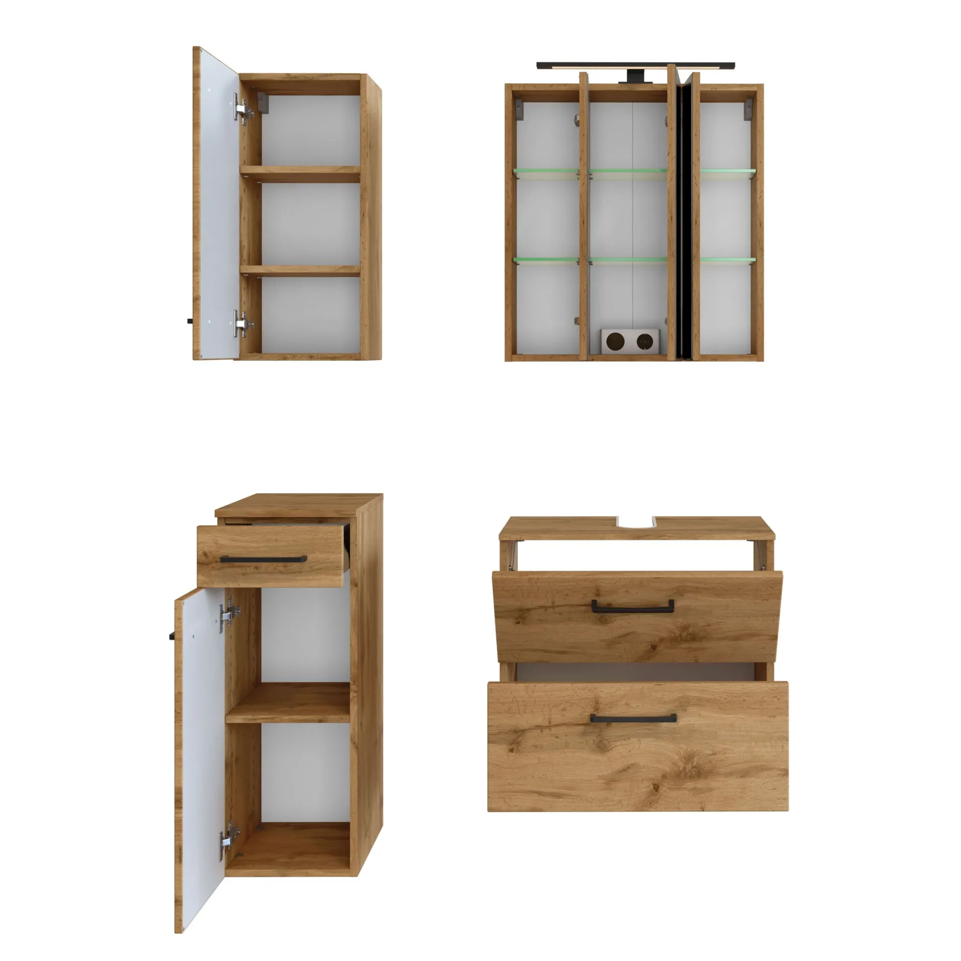 Badezimmerset Manchester | Waschtischschrank, Spiegelschrank, Hängeschrank, Beistellschrank | Wotan Oak Design
