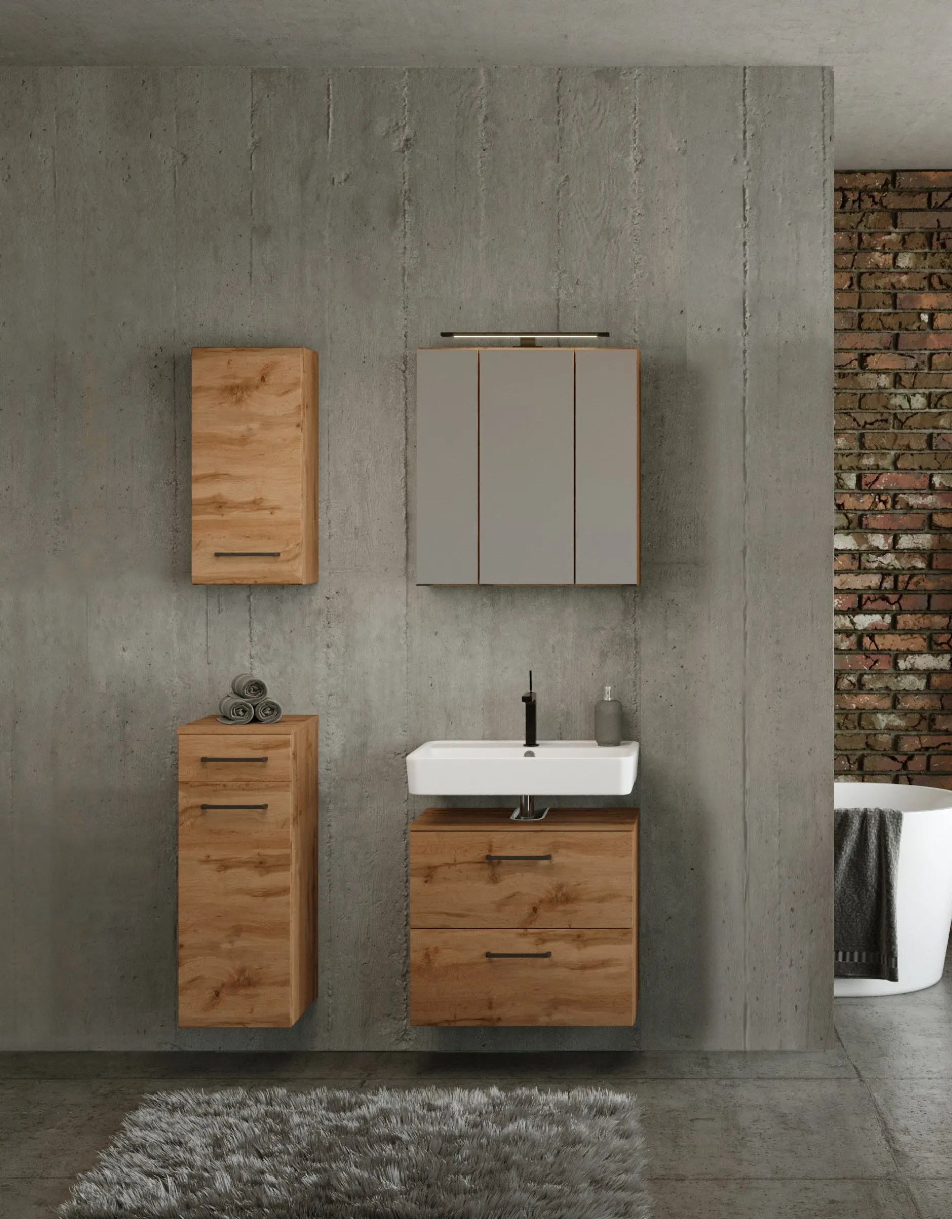 Badezimmerset Manchester | Waschtischschrank, Spiegelschrank, Hängeschrank, Beistellschrank | Wotan Oak Design