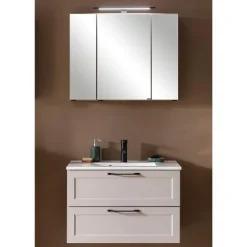 Badezimmerset Meran | Waschbeckenschrank, Spiegelschrank mit Beleuchtung | Farbe Cashmere