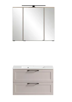 Badezimmerset Meran | Waschbeckenschrank, Spiegelschrank mit Beleuchtung | Farbe Cashmere