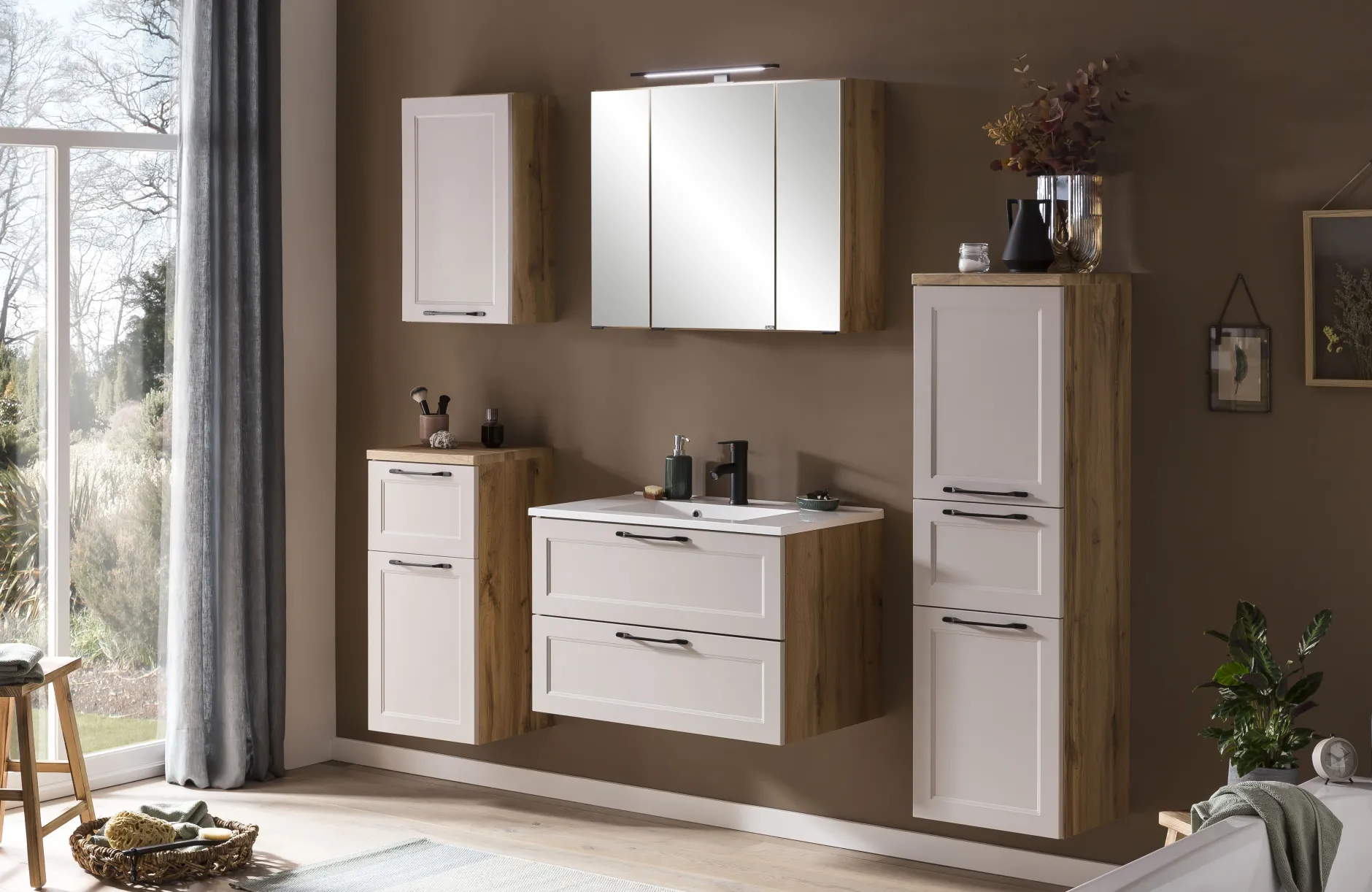 Badezimmerset Meran | Waschbeckenschrank, Spiegelschrank mit Beleuchtung | Farbe Cashmere