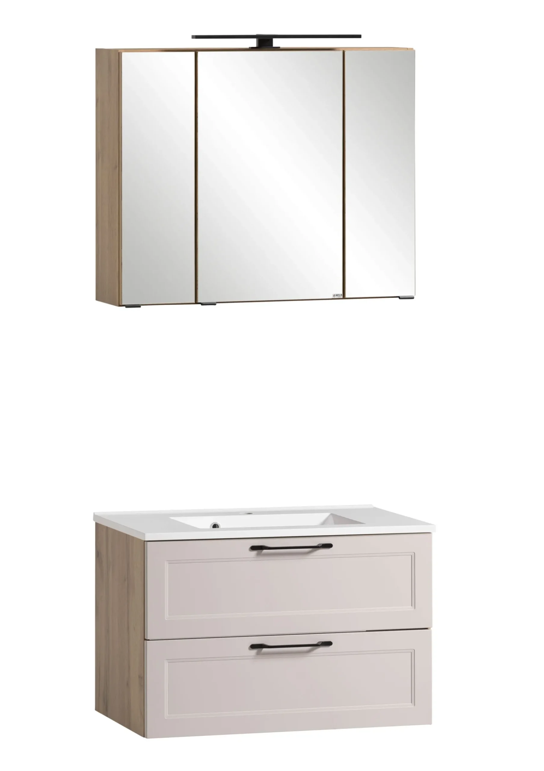 Badezimmerset Meran | Waschbeckenschrank, Spiegelschrank mit Beleuchtung | Farbe Cashmere