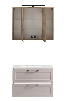 Badezimmerset Meran | Waschbeckenschrank, Spiegelschrank mit Beleuchtung | Farbe Cashmere