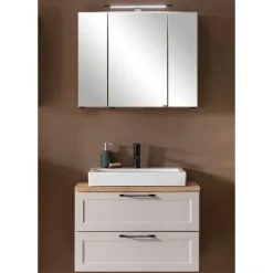 Badezimmerset Meran | Waschbeckenschrank, Spiegelschrank mit Beleuchtung | Farbe Cashmere