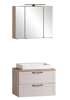 Badezimmerset Meran | Waschbeckenschrank, Spiegelschrank mit Beleuchtung | Farbe Cashmere