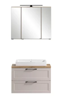Badezimmerset Meran | Waschbeckenschrank, Spiegelschrank mit Beleuchtung | Farbe Cashmere