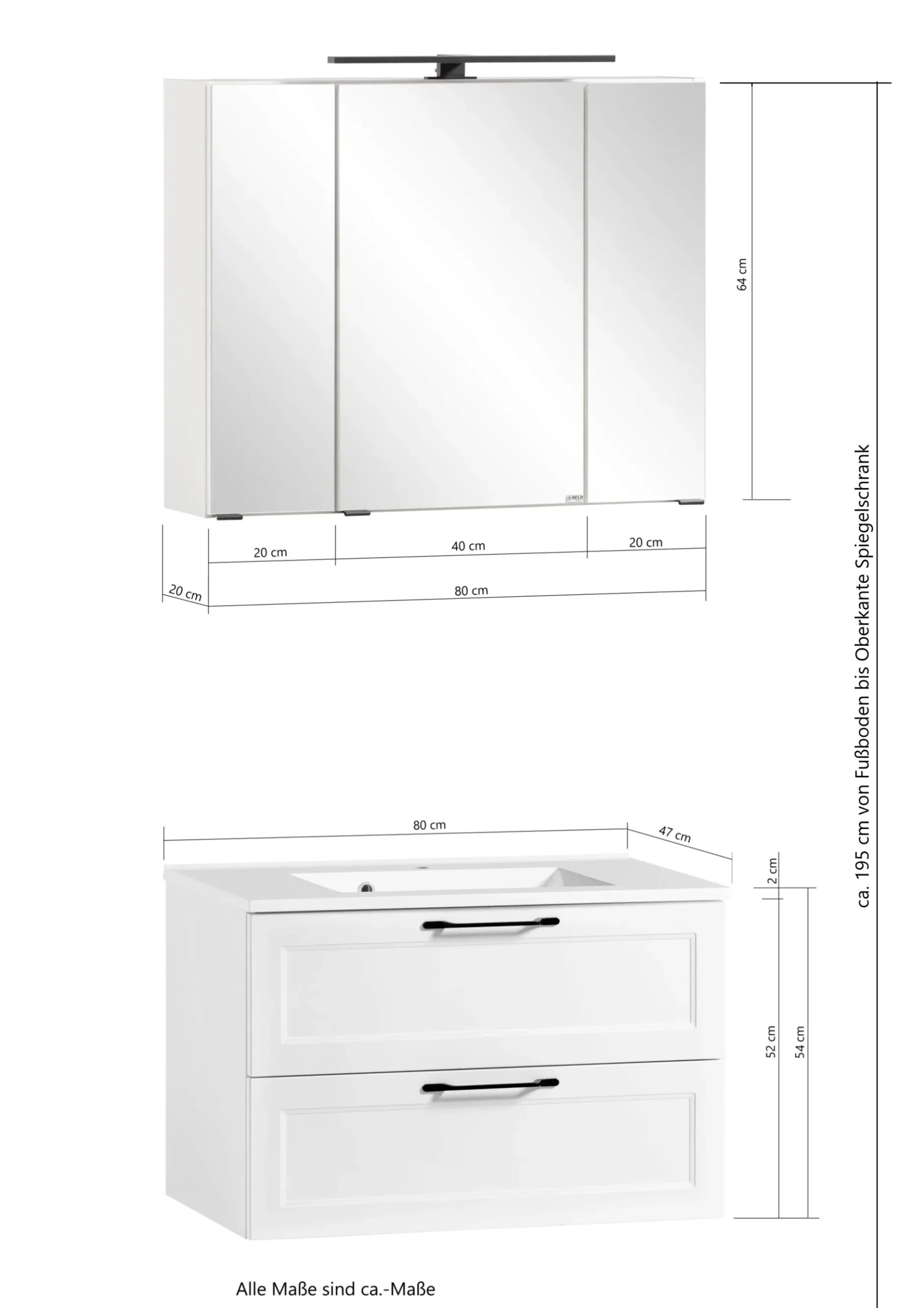 Badezimmerset Meran | Waschtischschrank, Spiegelschrank mit Beleuchtung | Weiß