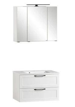 Badezimmerset Meran | Waschtischschrank, Spiegelschrank mit Beleuchtung | Weiß