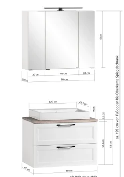 Badezimmerset Meran | Waschtischschrank, Spiegelschrank mit Beleuchtung | Weiß
