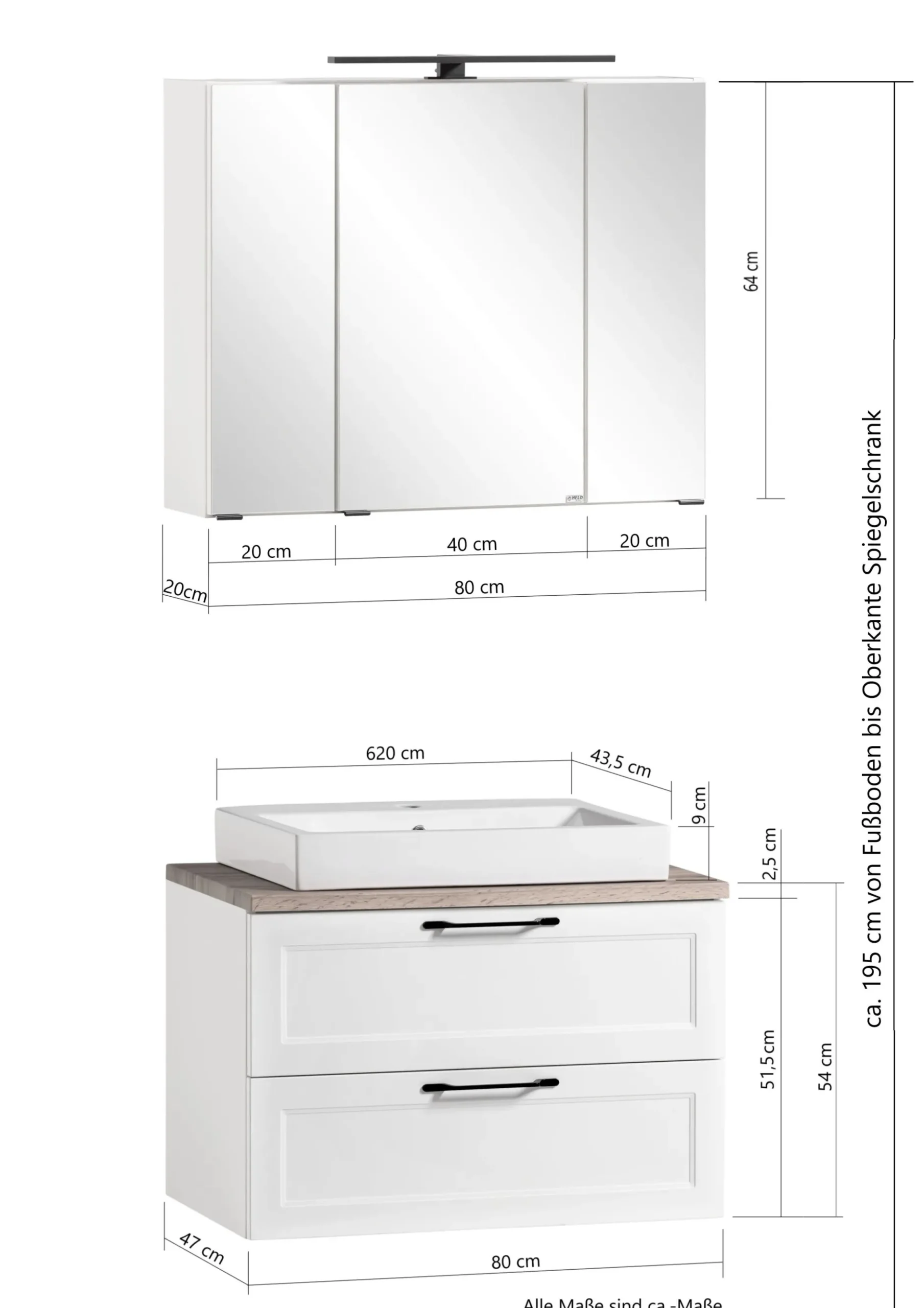 Badezimmerset Meran | Waschtischschrank, Spiegelschrank mit Beleuchtung | Weiß