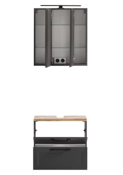 Badezimmerset Meran | Waschtischschrank, Spiegelschrank mit Beleuchtung | Grau