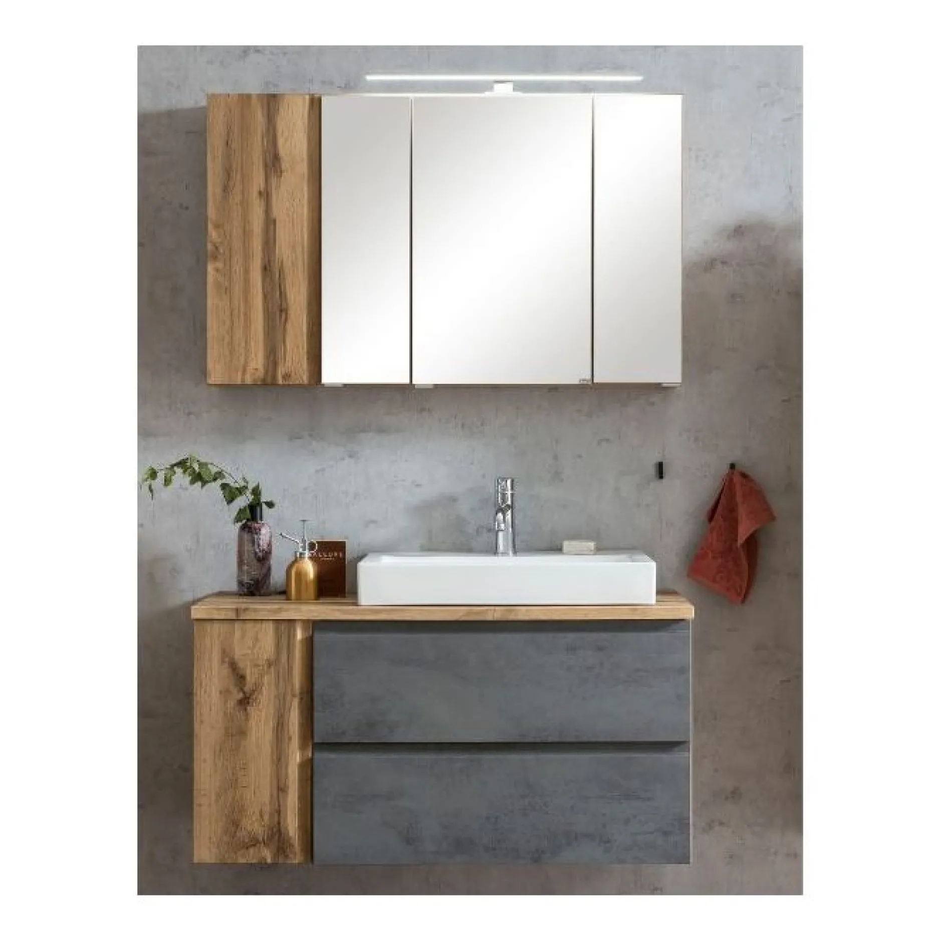 Badezimmerset Varese | Waschbecken- und Spiegelschrank | Wotan Eiche / Betondesign