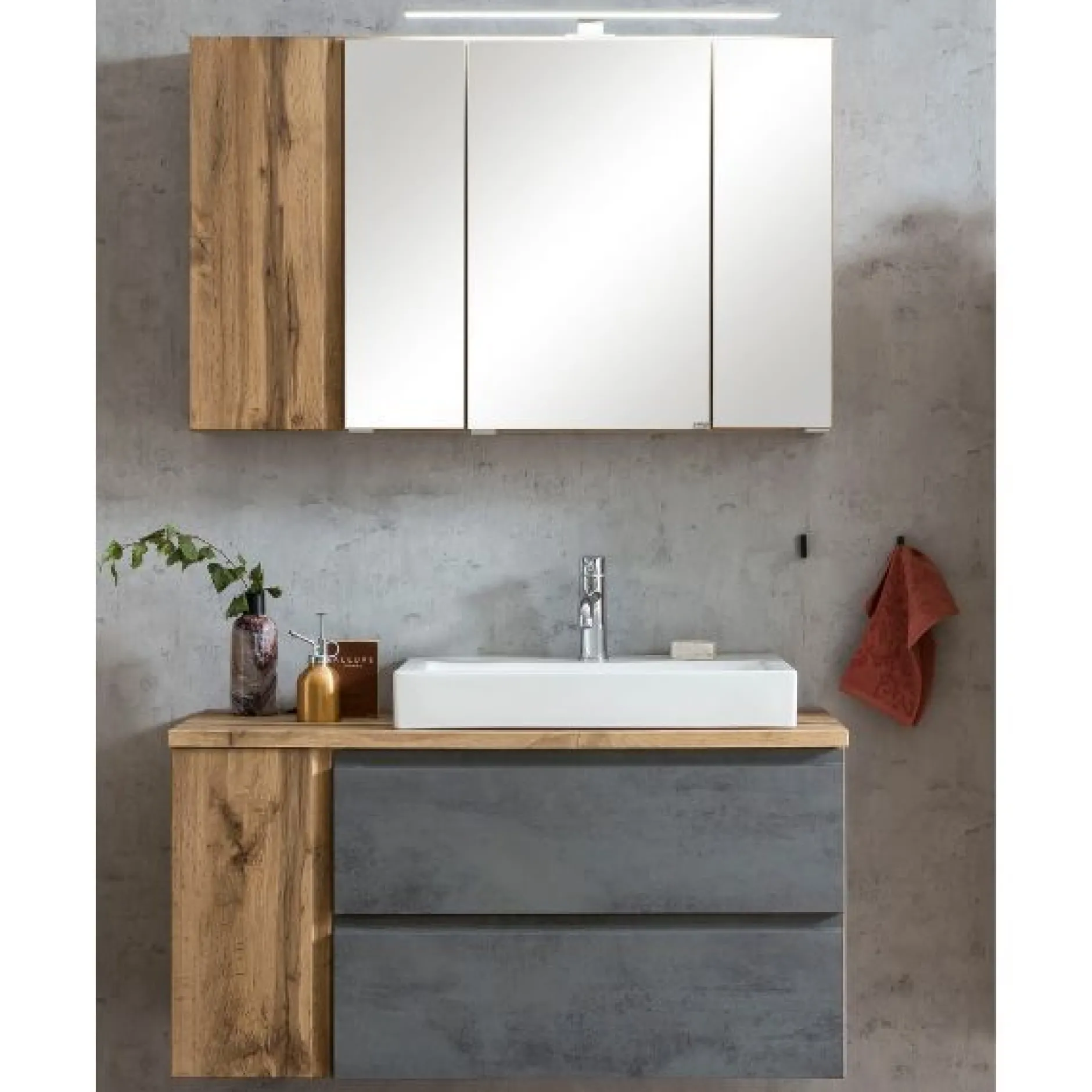 Badezimmerset Varese | Waschbecken- und Spiegelschrank | Wotan Eiche / Betondesign