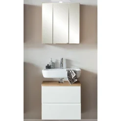 Badezimmerset Varese | Waschtisch und Spiegelschrank mit Beleuchtung | Wotan Eiche weißes Design