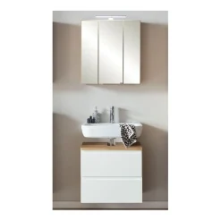 Badezimmerset Varese | Waschtisch und Spiegelschrank mit Beleuchtung | Wotan Eiche weißes Design