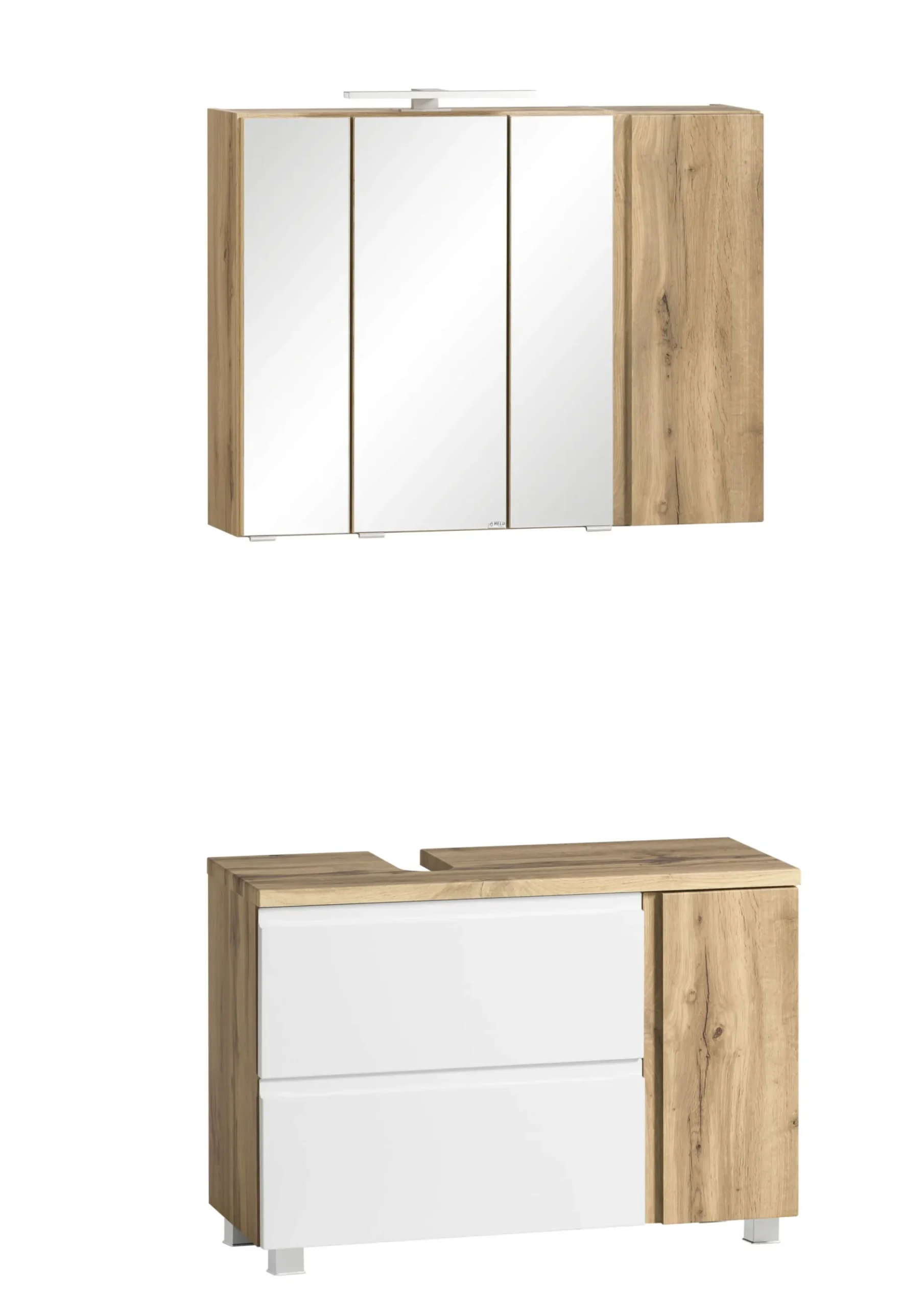 Badezimmerset Varese | Waschtisch und Spiegelschrank mit Beleuchtung | Wotan Eiche weißes Design