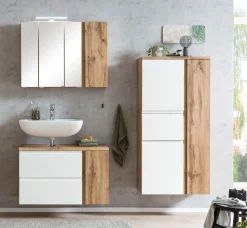 Badezimmerset Varese | Waschtisch und Spiegelschrank mit Beleuchtung | Wotan Eiche weißes Design