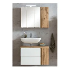 Badezimmerset Varese | Waschtisch und Spiegelschrank mit Beleuchtung | Wotan Eiche weißes Design