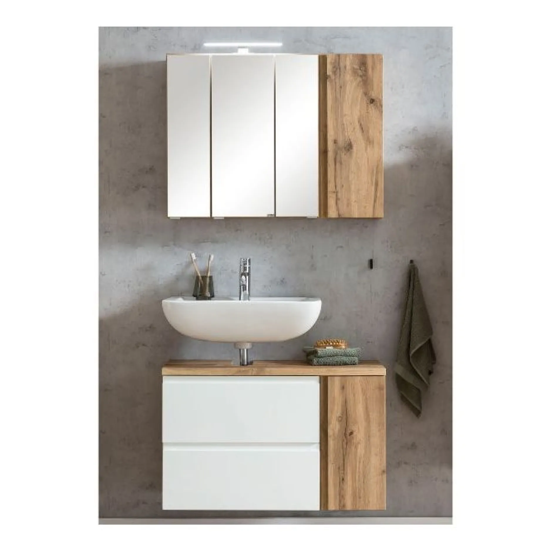 Badezimmerset Varese | Waschtisch und Spiegelschrank mit Beleuchtung | Wotan Eiche weißes Design