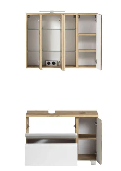 Badezimmerset Varese | Waschtisch und Spiegelschrank mit Beleuchtung | Wotan Eiche weißes Design