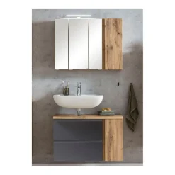 Badezimmerset Varese | Waschtisch und Spiegelschrank mit Beleuchtung | Wotan Eiche Graues Design