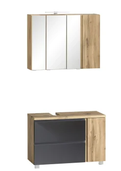 Badezimmerset Varese | Waschtisch und Spiegelschrank mit Beleuchtung | Wotan Eiche Graues Design