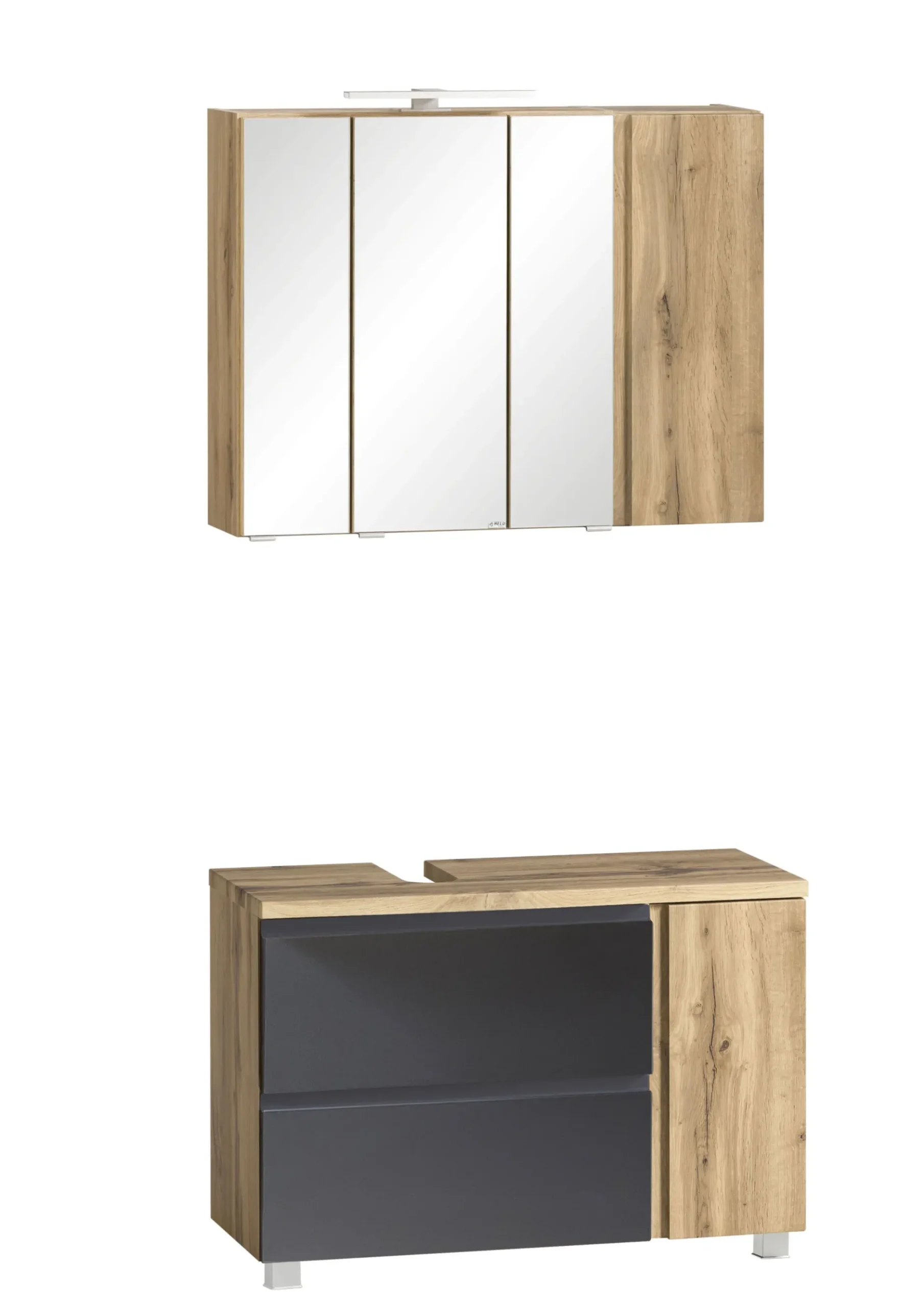 Badezimmerset Varese | Waschtisch und Spiegelschrank mit Beleuchtung | Wotan Eiche Graues Design