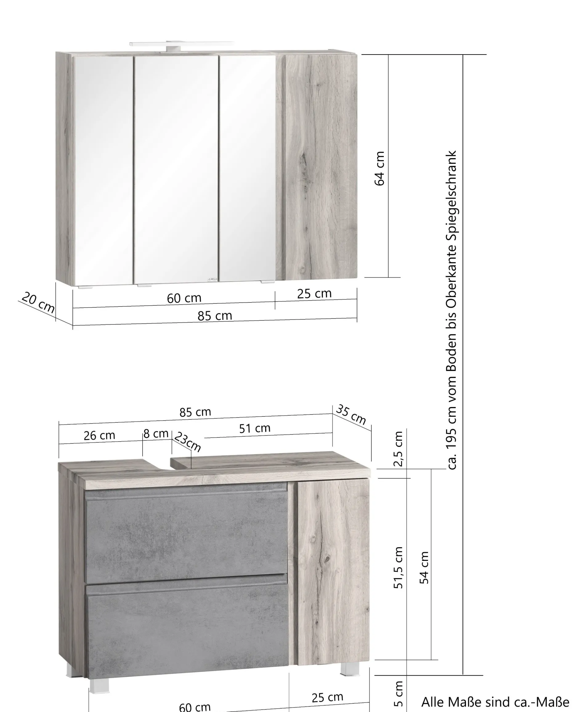 Badezimmerset Varese | Waschtisch und Spiegelschrank mit Beleuchtung | Wotan Eiche Graues Design