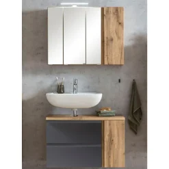 Badezimmerset Varese | Waschtisch und Spiegelschrank mit Beleuchtung | Wotan Eiche Graues Design